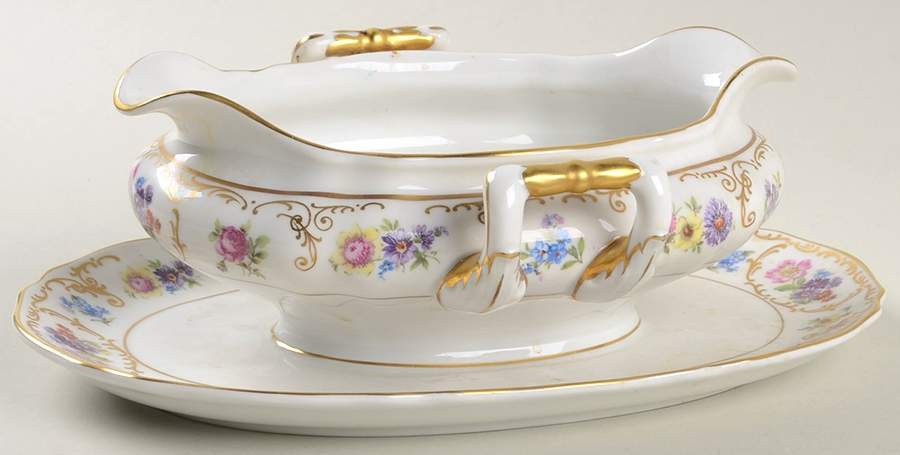 Dresden Flowers Gravy Boat with Attached Underplate by Franconia-Krautheim & Adelburg-1