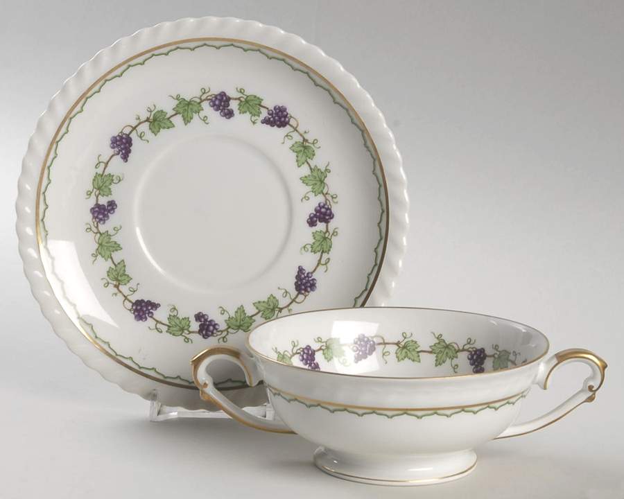 Festive Autumn Footed Cream Soup Bowl & Saucer Set by Franconia-Krautheim & Adelburg-1