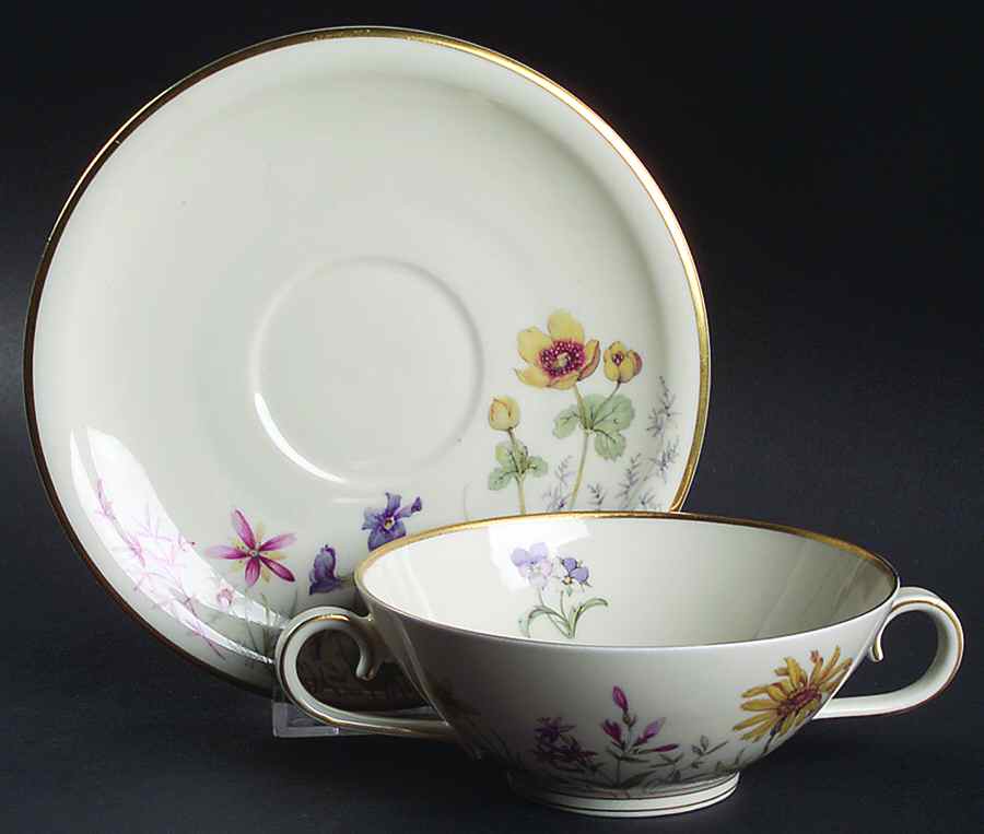 Meadow Flowers Footed Cream Soup Bowl & Saucer Set by Franconia-Krautheim & Adelburg-1