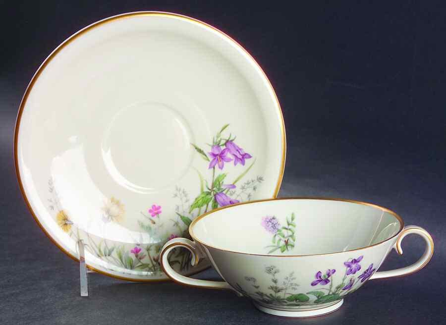 Meadow Flowers Footed Cream Soup Bowl & Saucer Set by Franconia-Krautheim & Adelburg-1