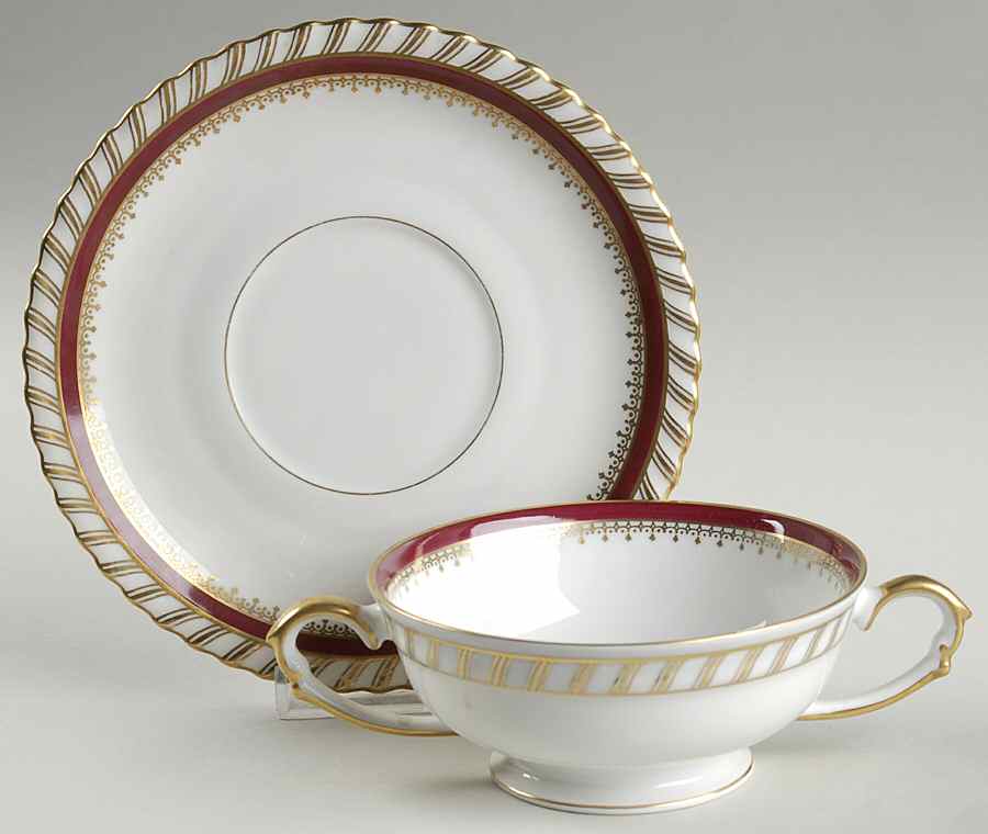 Ruby (Gold Verge Line) Footed Cream Soup Bowl & Saucer Set by Franconia-Krautheim & Adelburg-1