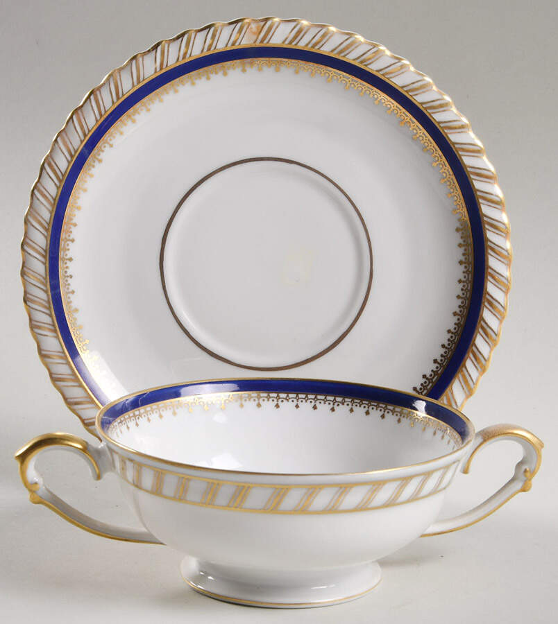 Sapphire Blue (Gold Gadroon Edge) Footed Cream Soup Bowl & Saucer Set by Franconia-Krautheim & Adelburg-1