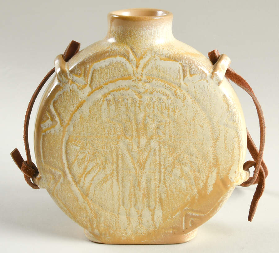 Mayan Aztec Desert Gold Canteen with Leather Hanger by Frankoma-1