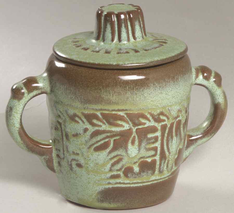 Mayan Aztec Prairie Green Sugar Bowl & Lid by Frankoma-1
