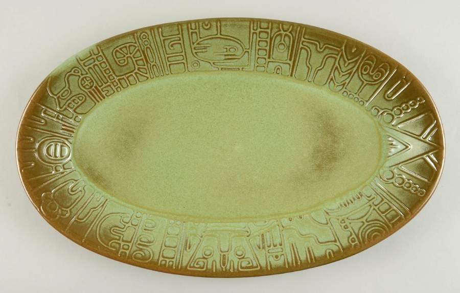 Mayan Aztec Prairie Green 17" Oval Serving Platter by Frankoma-1