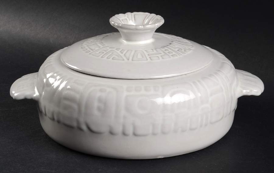 Mayan Aztec White Sand (Front and Back) 1 Qt Round Covered Casserole by Frankoma-1