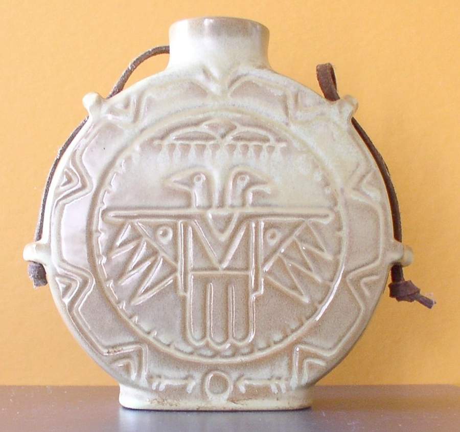 Mayan Aztec White Sand (Front and Back) Canteen with Leather Hanger by Frankoma-1