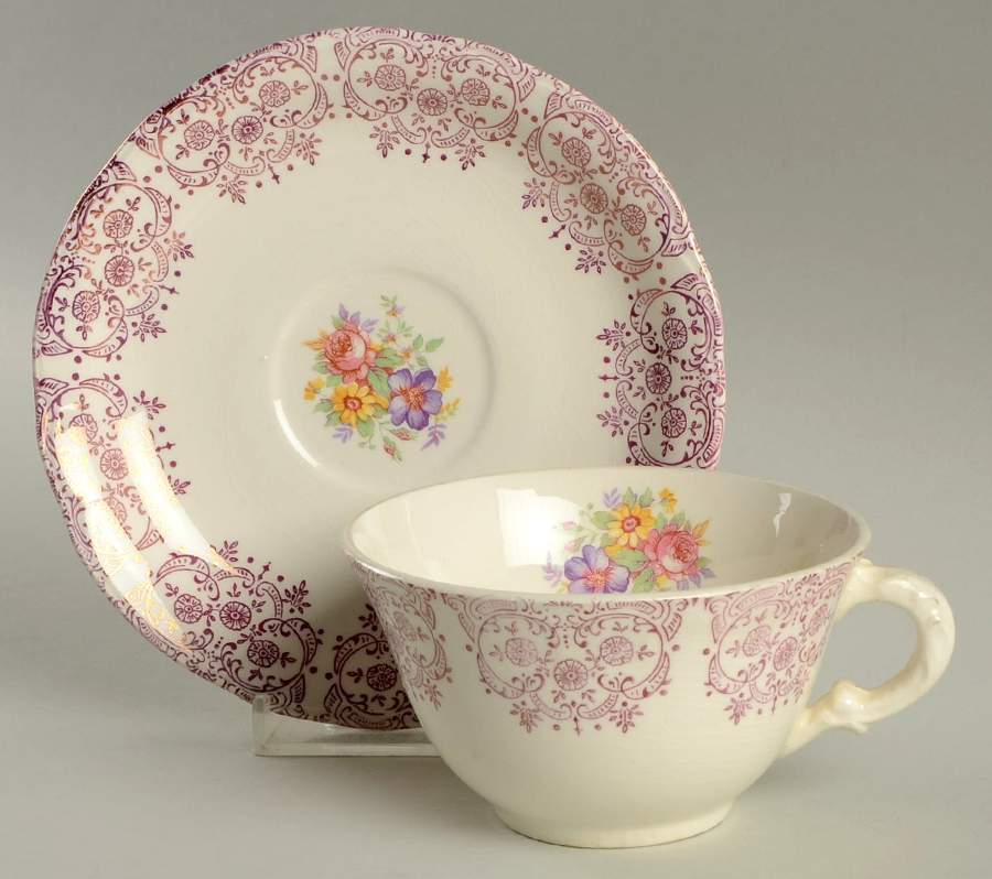 Burgundy Lace Flat Cup & Saucer Set by French Saxon-1