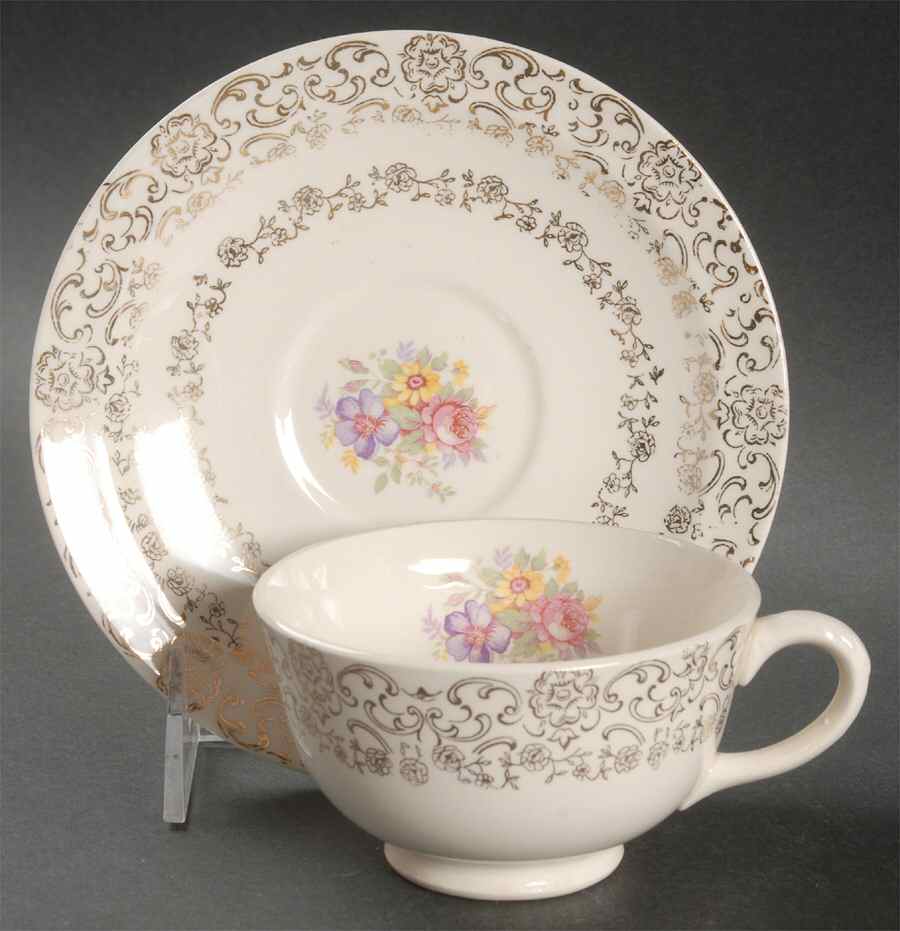 Gold Lace Footed Cup & Saucer Set by French Saxon-1