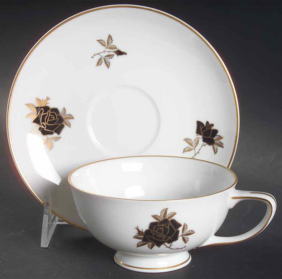Black Rose Footed Cup & Saucer Set by Fukagawa-1