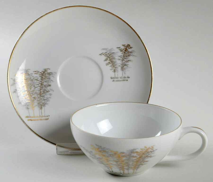 Gold Bamboo Flat Cup & Saucer Set by Fukagawa-1