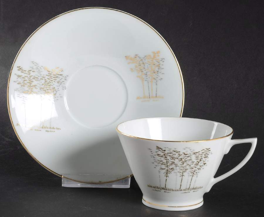 Gold Bamboo Footed Cup & Saucer Set by Fukagawa-1