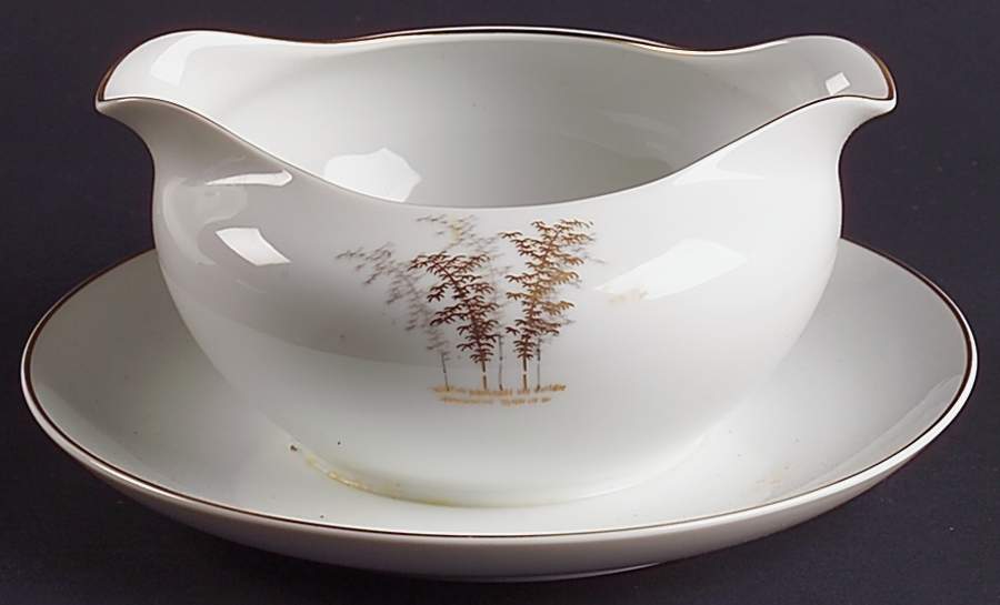 Gold Bamboo Round Gravy Boat/Attached Underplate by Fukagawa-1