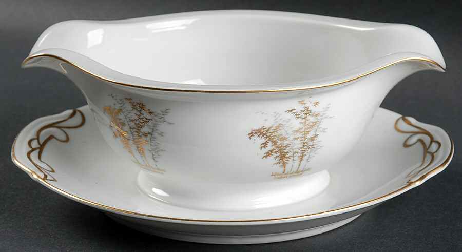 Gold Bamboo Gravy Boat with Attached Underplate by Fukagawa-1