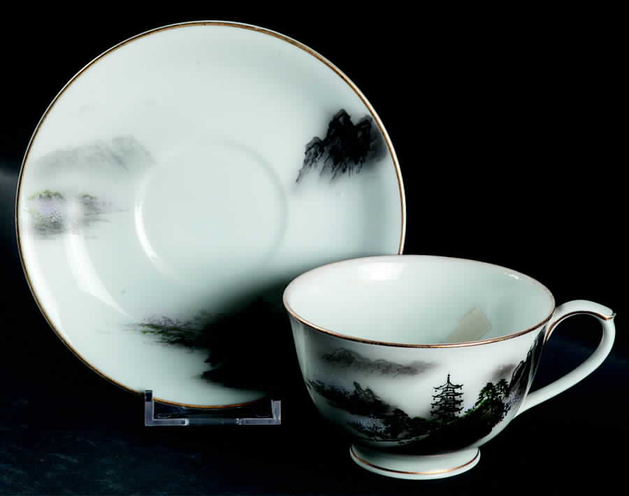 Landscape Footed Cup & Saucer Set by Fukagawa-1