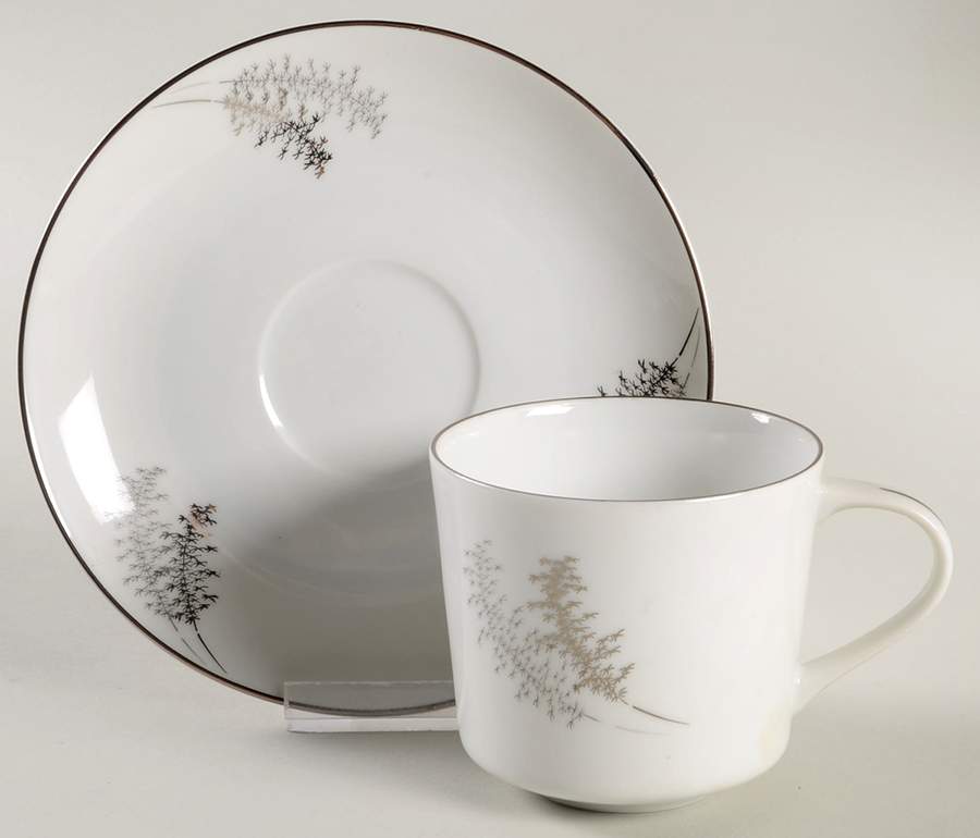 Silver Bamboo (3 Groups of Trees) Flat Cup & Saucer Set by Fukagawa-1