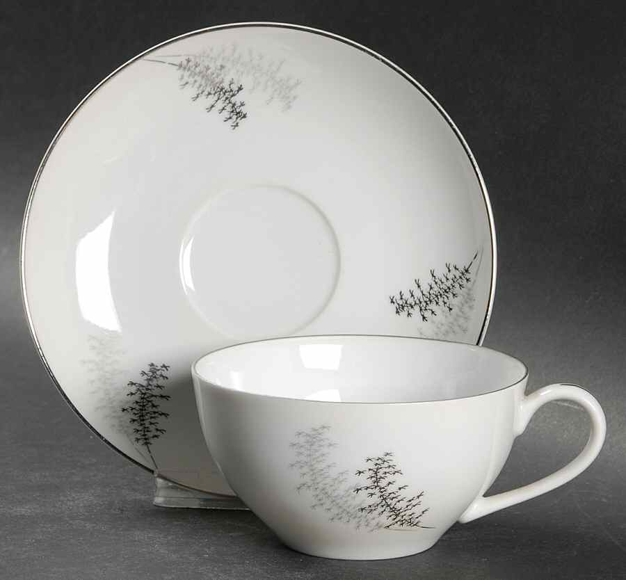 Silver Bamboo (3 Groups of Trees) Flat Cup & Saucer Set by Fukagawa-1