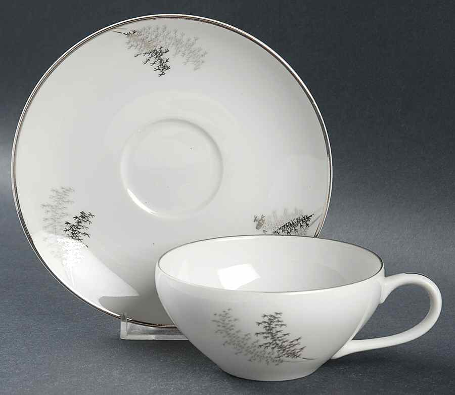 Silver Bamboo (3 Groups of Trees) Flat Cup & Saucer Set by Fukagawa-1