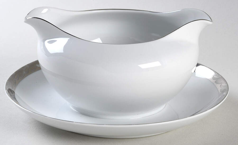 Silver Lichen Gravy Boat with Attached Underplate by Fukagawa-1