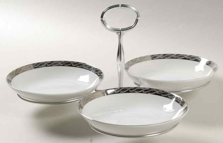 Silver Lichen 7" x 12" 3-Part Relish & Metal Stand (FR) HC by Fukagawa-1