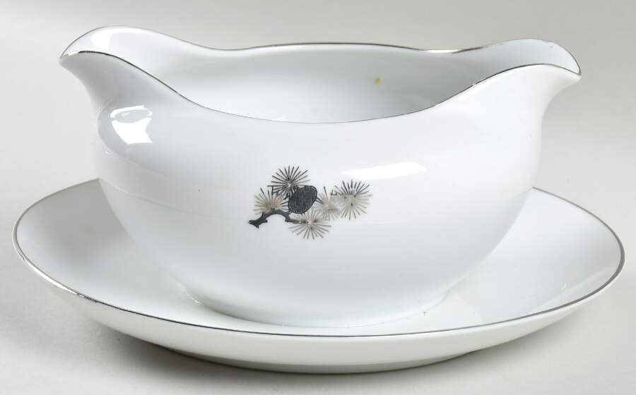 Silver Pine Round Gravy Boat/Attached Underplate by Fukagawa-1