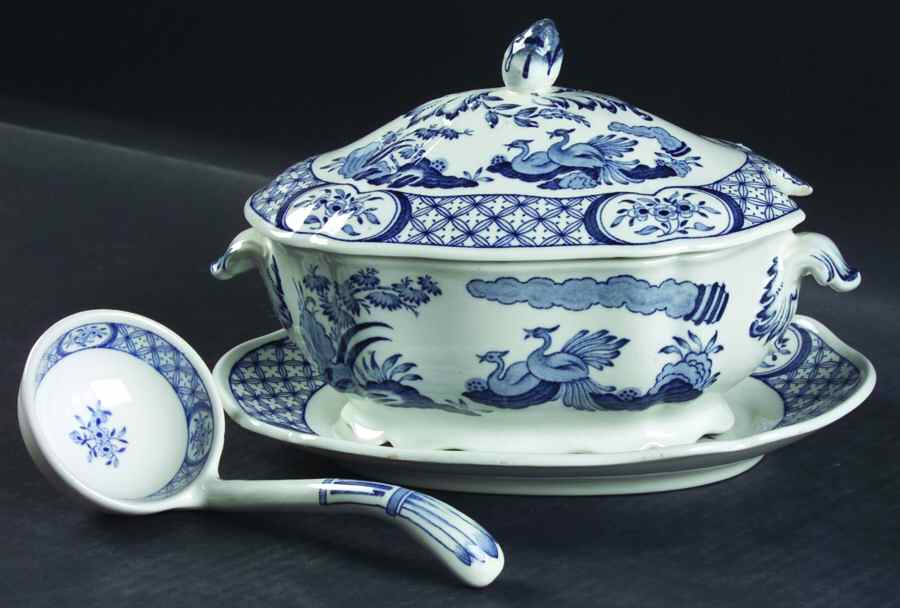 Old Chelsea Blue (Blue Birds, Flowers) Sauce Boat & Lid & Underplate & Ladle by Furnivals-1