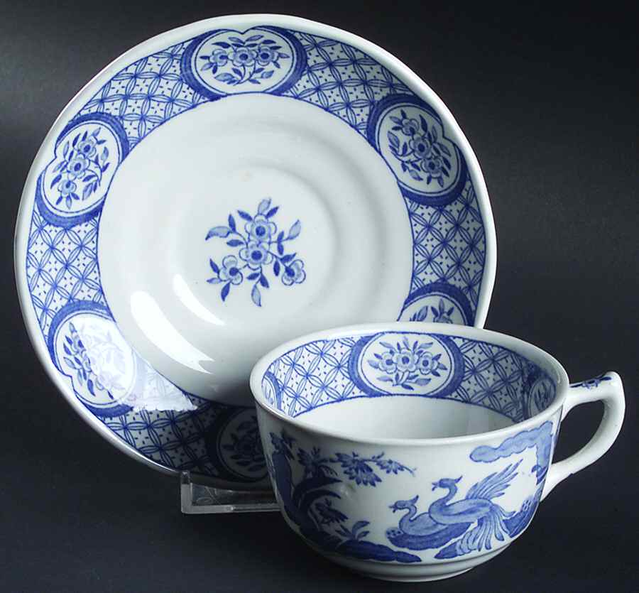 Old Chelsea Blue (Blue Birds, Flowers) Flat Cup & Saucer Set by Furnivals-1