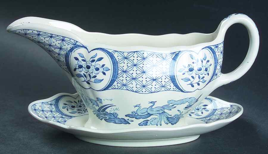Old Chelsea Blue (Blue Birds, Flowers) Gravy Boat & Underplate by Furnivals-1