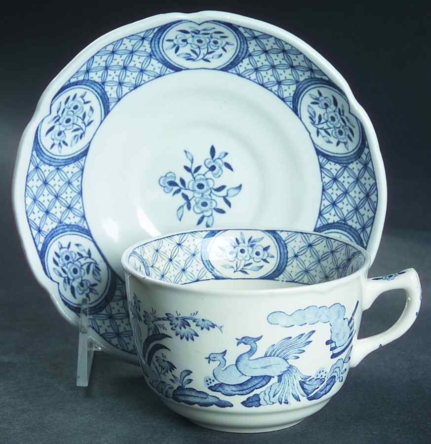 Old Chelsea Blue (Blue Birds, Flowers) Flat Cup & Saucer Set by Furnivals-1