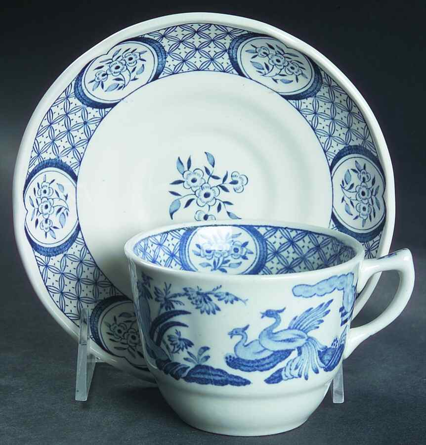 Old Chelsea Blue (Blue Birds, Flowers) Flat Cup & Saucer Set by Furnivals-1