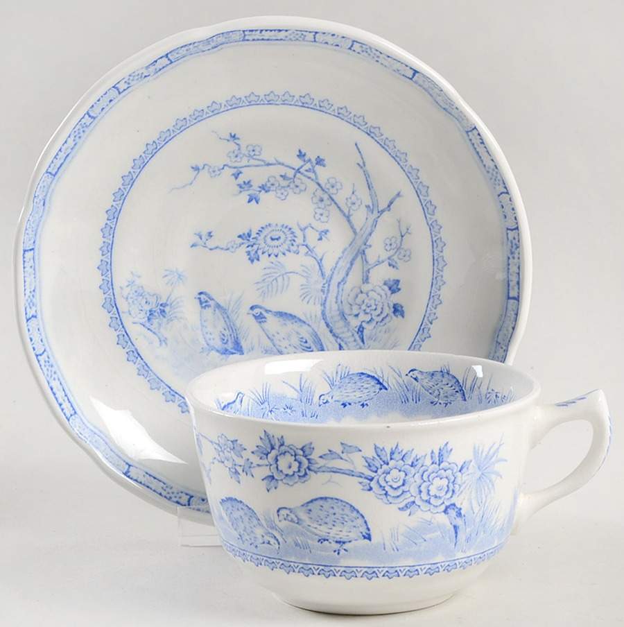 Quail Blue (Round Quail Backstamp) Flat Cup & Saucer Set by Furnivals-1