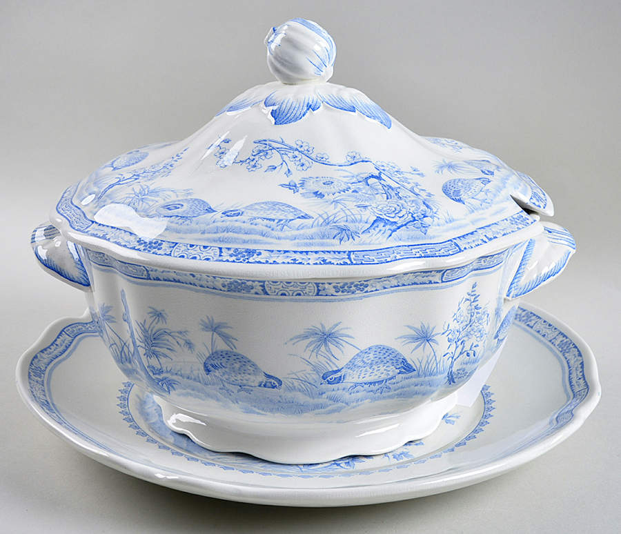 Quail Blue (Round Quail Backstamp) Tureen & Lid w/Underplate by Furnivals-1