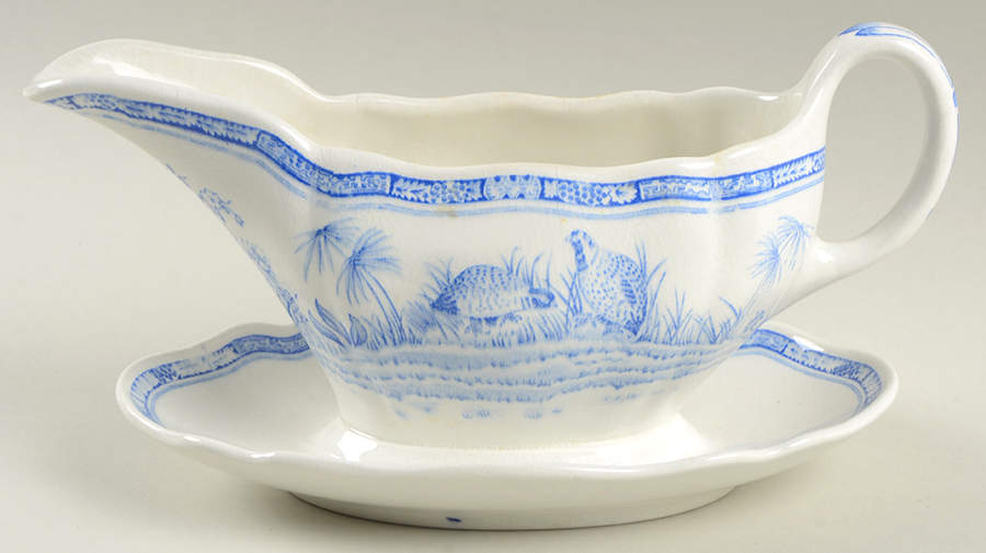 Quail Blue (Round Quail Backstamp) Gravy Boat with Attached Underplate by Furnivals-1