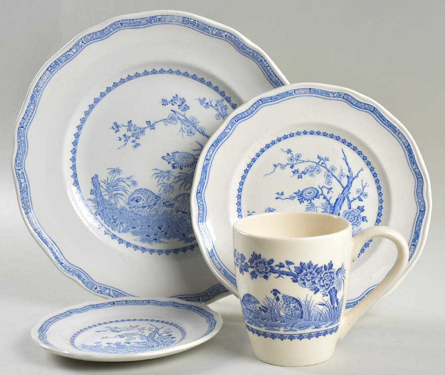 Quail Blue (Round Quail Backstamp) 4 Piece Place Setting by Furnivals-1