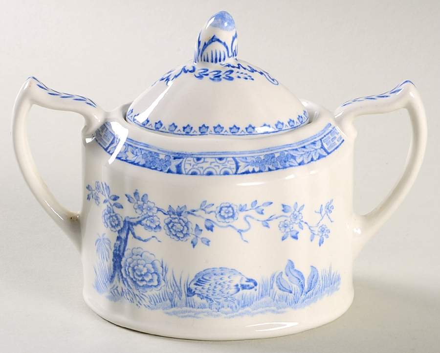 Quail Blue (Round Quail Backstamp) Sugar Bowl & Lid by Furnivals-1