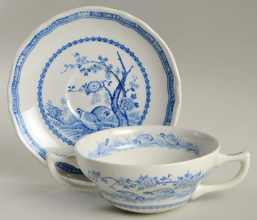 Quail Blue (Round Quail Backstamp) Flat Cream Soup Bowl & Saucer Set by Furnivals-1
