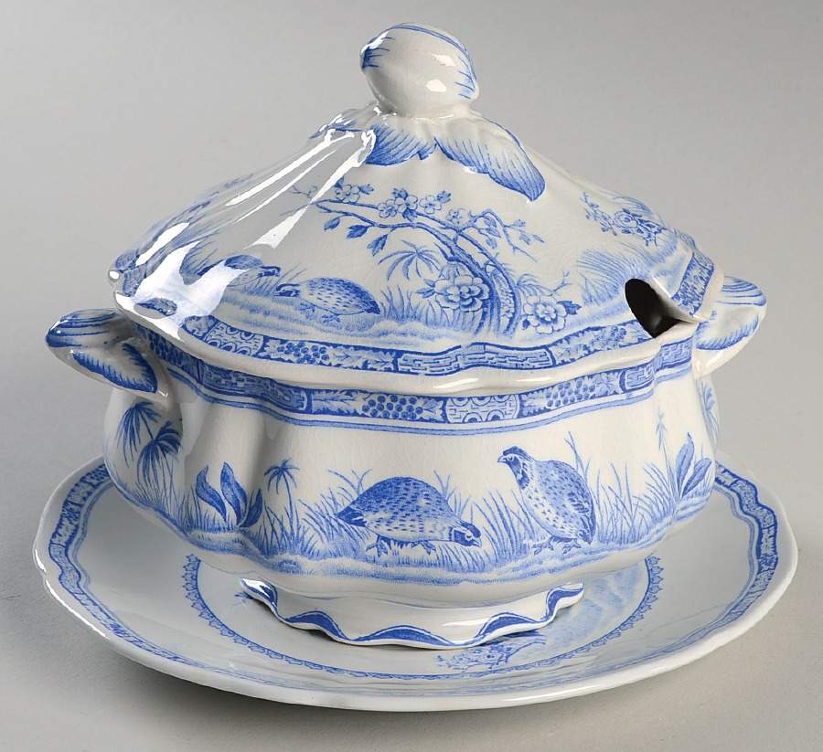 Quail Blue (Round Quail Backstamp) Round Gravy Boat & Lid with Underlate by Furnivals-1