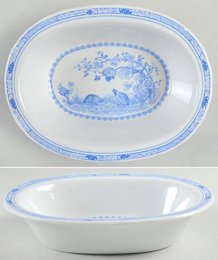 Quail Blue (Round Quail Backstamp) 9" Oval Vegetable Bowl by Furnivals-1