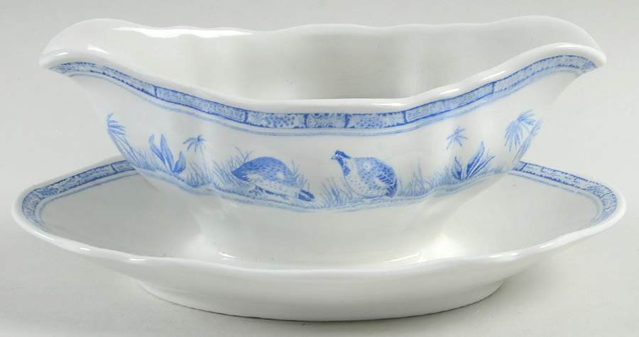 Quail Blue (Round Quail Backstamp) Gravy Boat with Attached Underplate by Furnivals-1