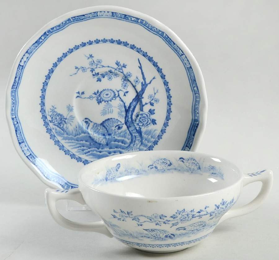 Quail Blue (Round Quail Backstamp) Flat Cream Soup Bowl & Saucer Set by Furnivals-1