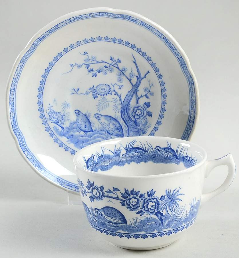 Quail Blue (Round Quail Backstamp) Flat Cup & Saucer Set by Furnivals-1