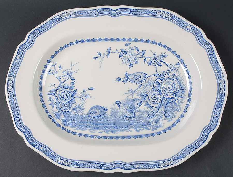 Quail Blue (Round Quail Backstamp) 15" Oval Serving Platter by Furnivals-1