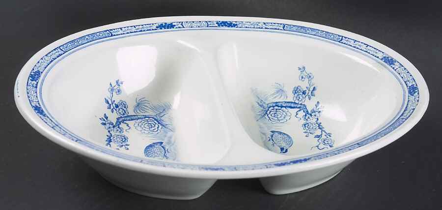 Quail Blue (Round Quail Backstamp) 10" Oval Divided Vegetable Bowl by Furnivals-1