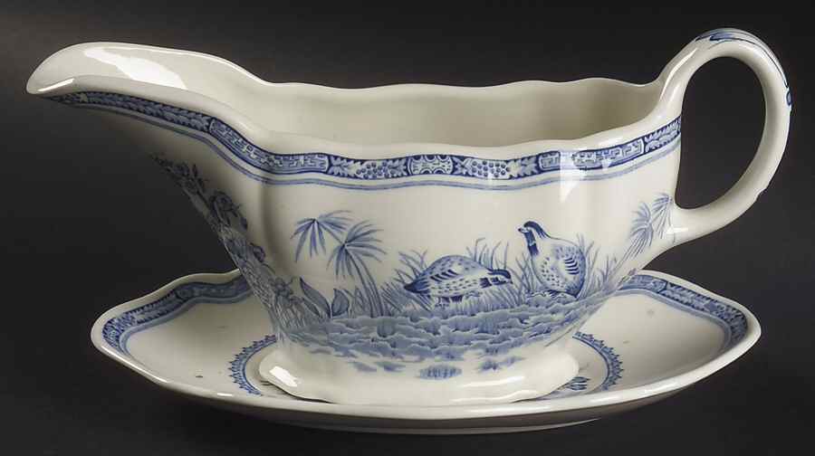 Quail Blue (Round Quail Backstamp) Gravy Boat & Underplate by Furnivals-1