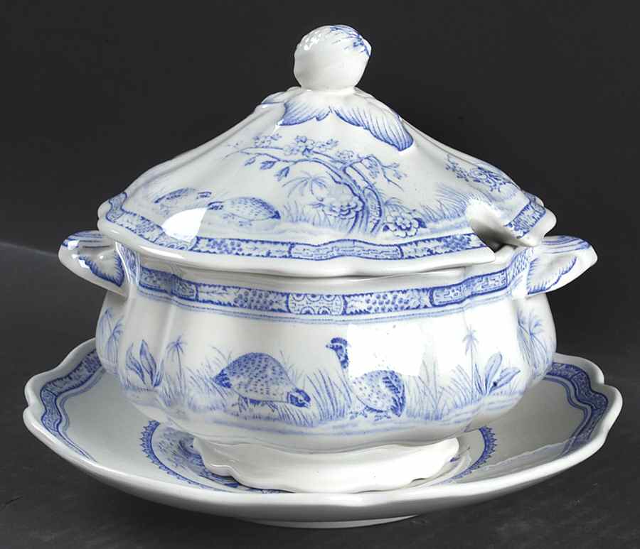 Quail Blue (Round Quail Backstamp) Round Gravy Boat & Lid with Underlate by Furnivals-1
