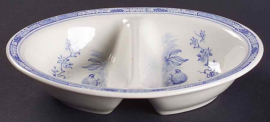 Quail Blue (Round Quail Backstamp) 8" Oval Divided Vegetable Bowl by Furnivals-1