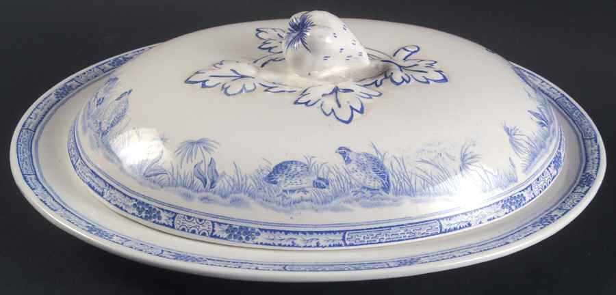 Quail Blue (Round Quail Backstamp) Oval Platter with Well & Lid by Furnivals-1