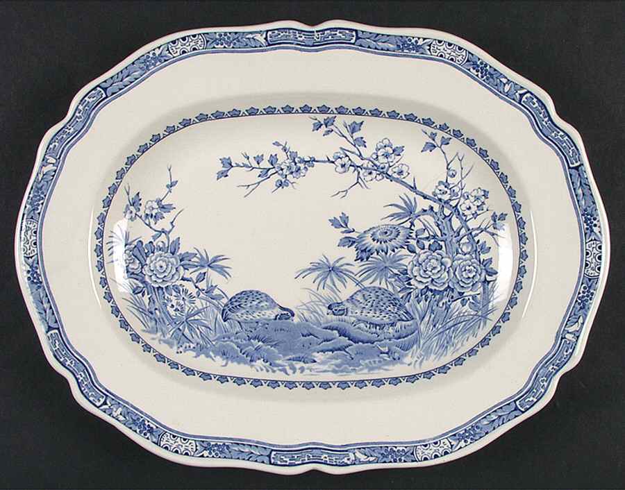 Quail Blue (Round Quail Backstamp) 13" Oval Serving Platter by Furnivals-1