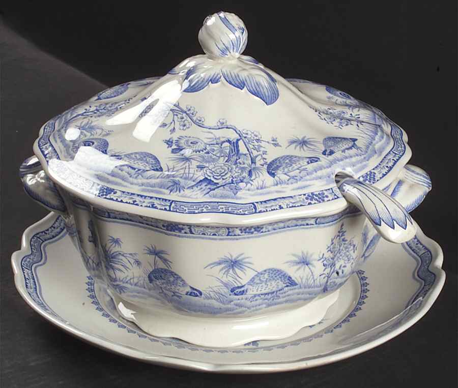 Quail Blue (Round Quail Backstamp) Tureen & Lid W/Ladle & Underplate by Furnivals-1