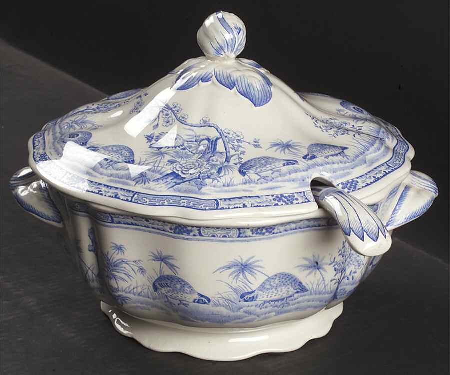 Quail Blue (Round Quail Backstamp) Tureen & Lid W/Ladle by Furnivals-1